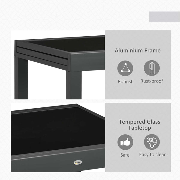 Extendable garden table with aluminum frame and tempered glass top, black
