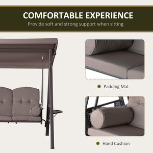 3 Seater Porch Swing Heavy Duty Outdoor Swing Chair Outdoor Lounge Hammock Cushioned Seat W/ Tilt Canopy, Brown