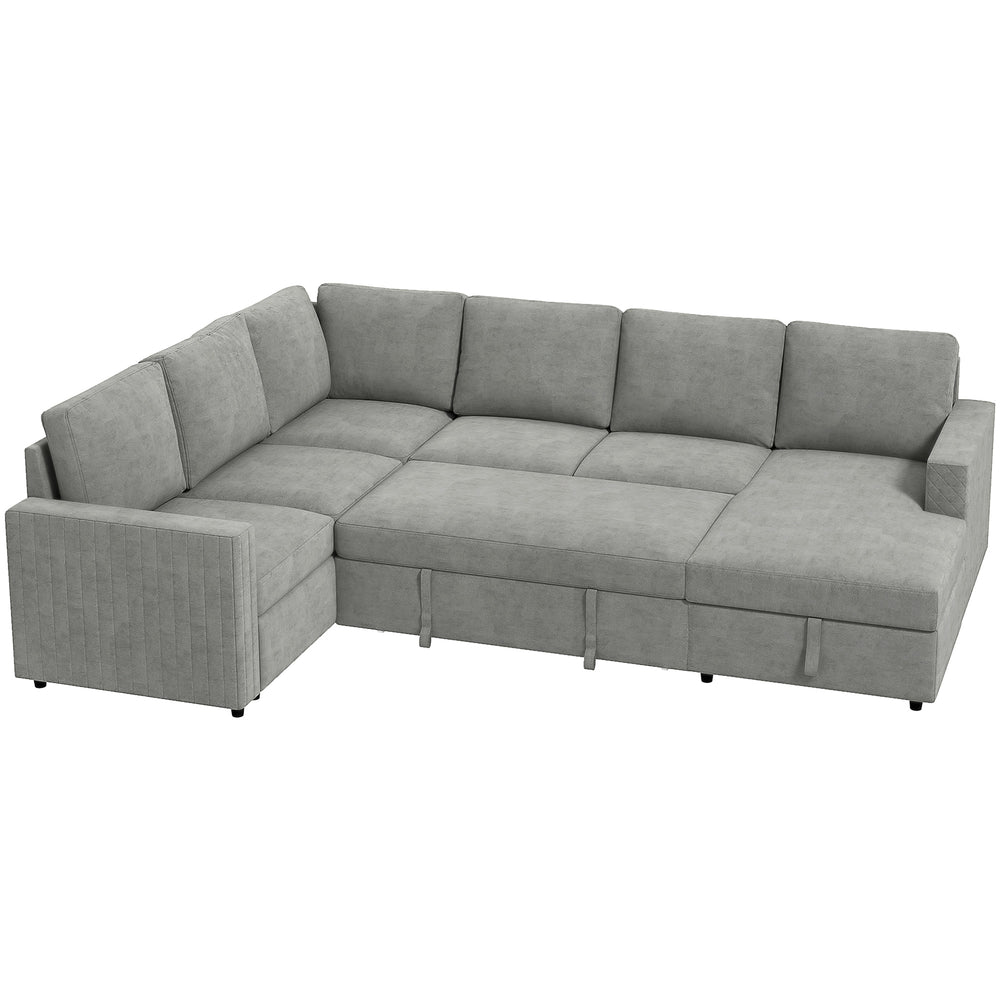 Sofa bed with hidden storage, chaise longue, velvet upholstery, gray