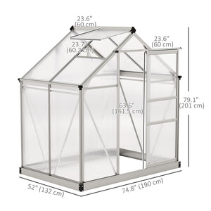 6' x 4' x 6.6' Polycarbonate Greenhouse, Galvanized Aluminum Sheet Frame with Gutter, Ventilation and Sliding Door, Silver