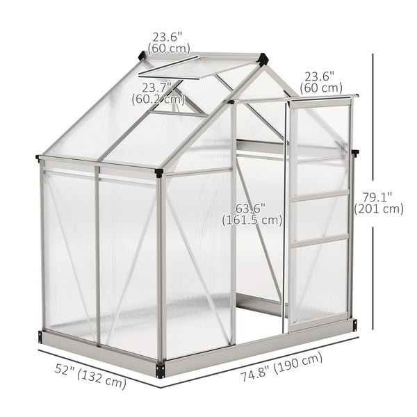 6' x 4' x 6.6' Polycarbonate Greenhouse, Galvanized Aluminum Sheet Frame with Gutter, Ventilation and Sliding Door, Silver