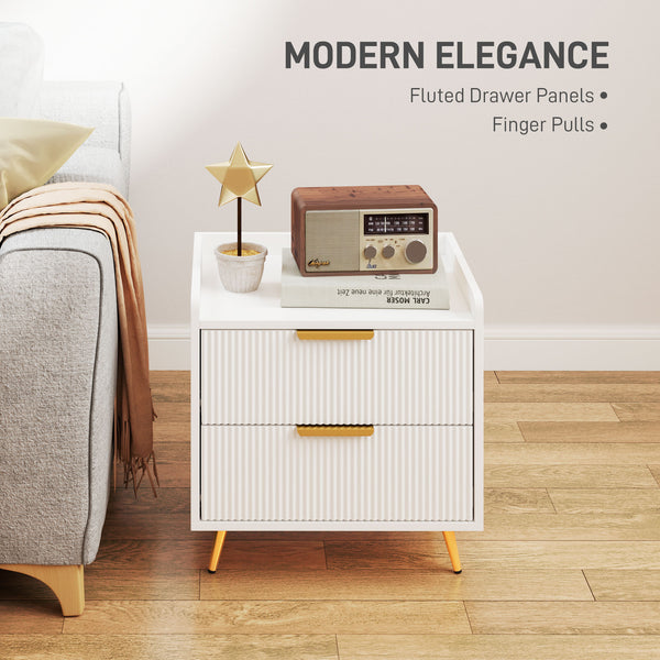 Bedside table with 2 drawers and gold metal legs, white