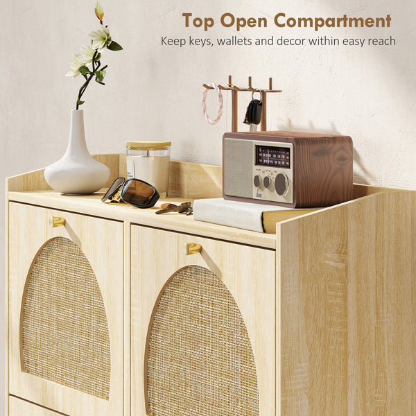 Shoe cabinet with 4 folding drawers with rattan doors and adjustable shelves, capacity of 16 pairs, natural color