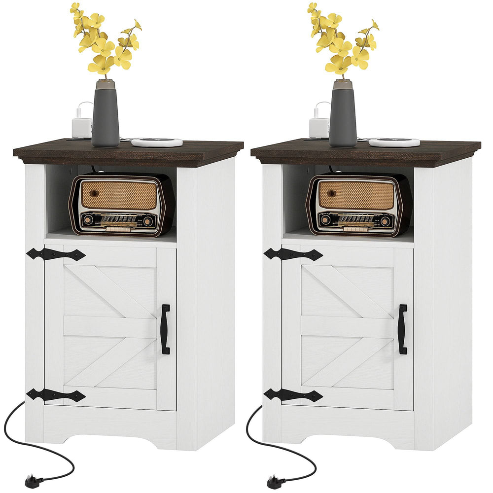 Set of 2 side tables, bedside tables with charging sockets, white