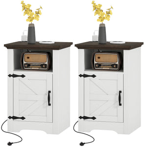 Set of 2 side tables, bedside tables with charging sockets, white
