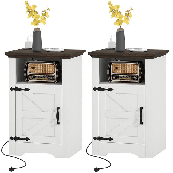 Set of 2 side tables, bedside tables with charging sockets, white