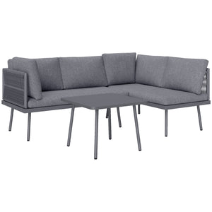 3-piece L-shaped resin wicker garden furniture set with cushions, grey