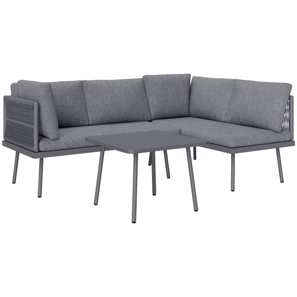 3-piece L-shaped resin wicker garden furniture set with cushions, grey