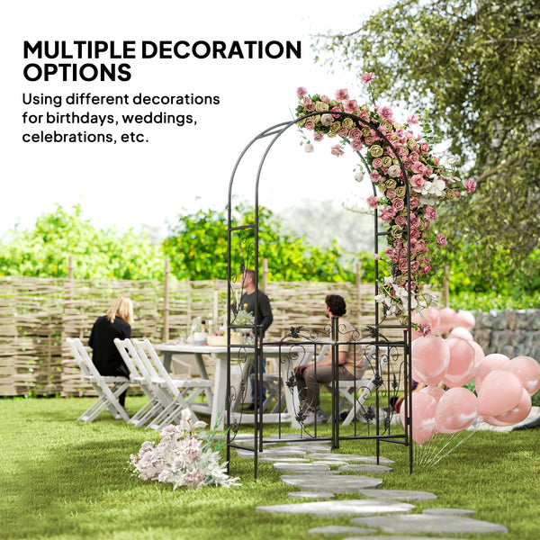 7ft Steel Garden Arch with Gate, Trellis for Climbing Plants, Roses, Vines, Wedding Arch for Outdoor, Garden, Lawn, Backyard, Black