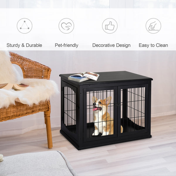 26-inch Wooden Double Door Dog Crate, Black