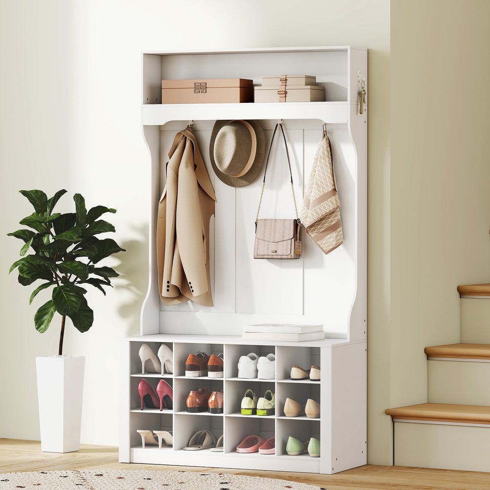 4-in-1 Hallway Unit with Bench and Shoe Rack, White