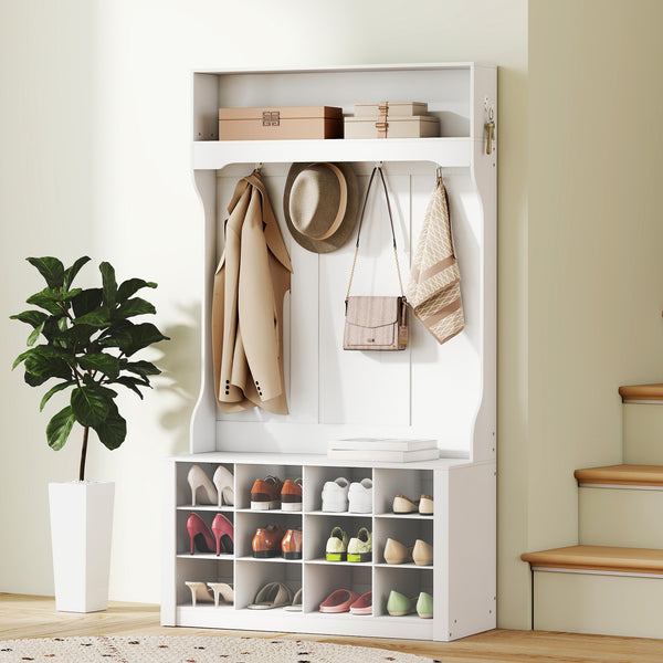 4-in-1 Hallway Unit with Bench and Shoe Rack, White