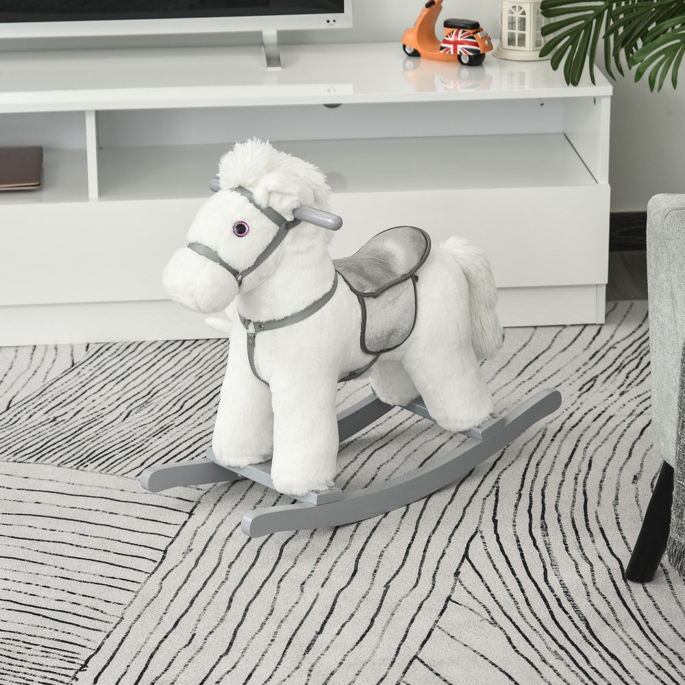 Plush Rocking Horse with Teddy Bear, White