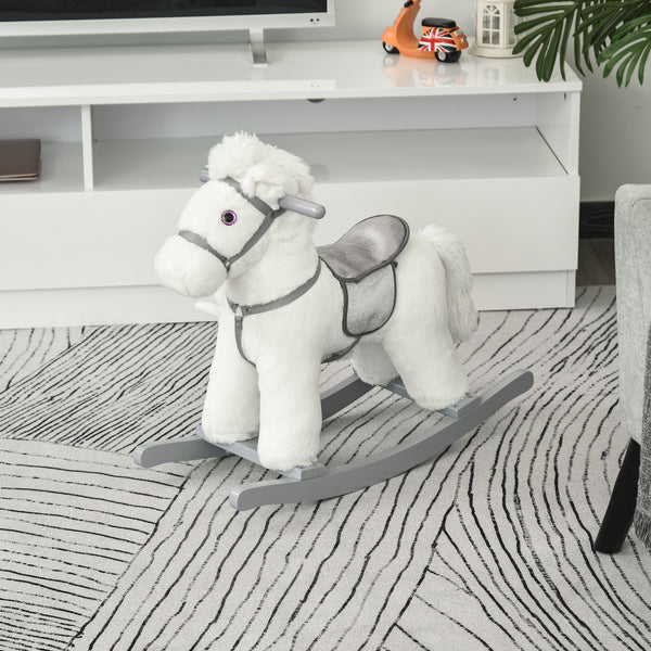 Plush Rocking Horse with Teddy Bear, White
