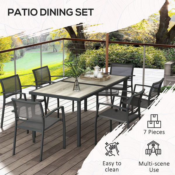 7 Piece Outdoor Dining Set with 6 Stackable Chairs, Patio Table and Chairs with Plastic Top and Breathable Mesh Backrest