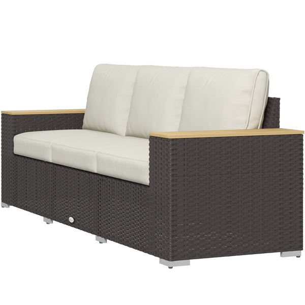 3 Seater Outdoor Sofa with Cushions, Synthetic Rattan Patio Sofa with Faux Wood Armrests, Cream White