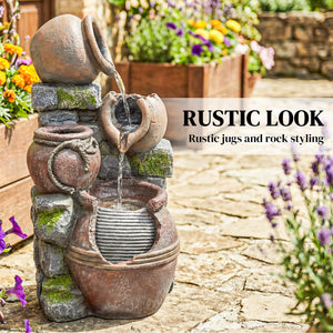 Outdoor fountain with 4-tier rustic pot, LED lighting, and adjustable flow.