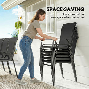 9-piece patio set, stackable chairs with glass tops for garden, terrace, yard, black