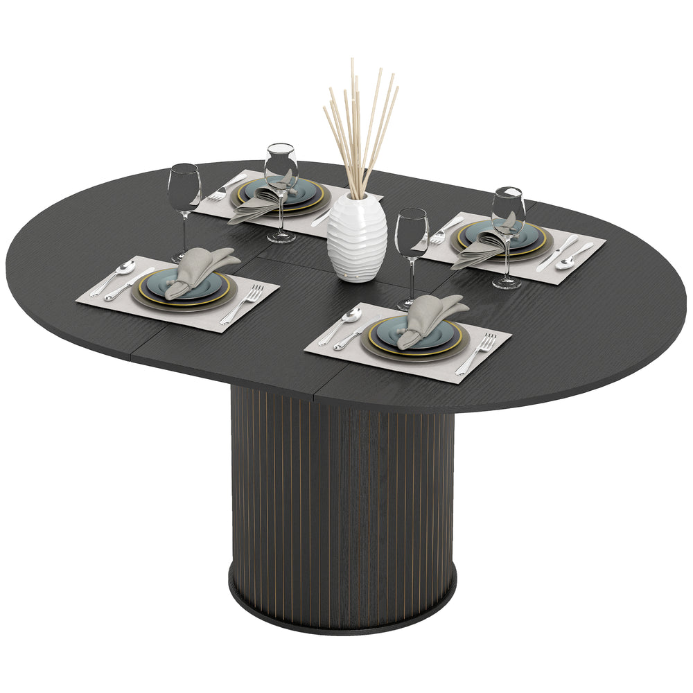 Extendable kitchen table for 6 to 8 people, farmhouse style, with a pedestal base and black wood finish.