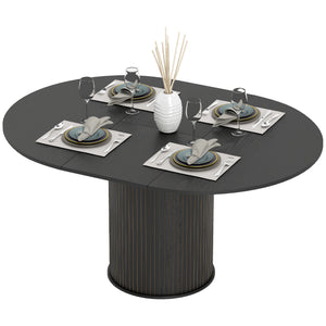 Extendable kitchen table for 6 to 8 people, farmhouse style, with a pedestal base and black wood finish.