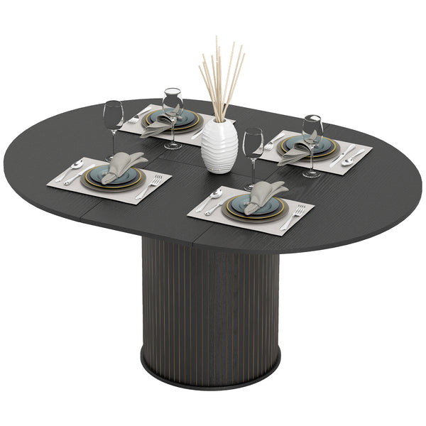 Extendable kitchen table for 6 to 8 people, farmhouse style, with a pedestal base and black wood finish.