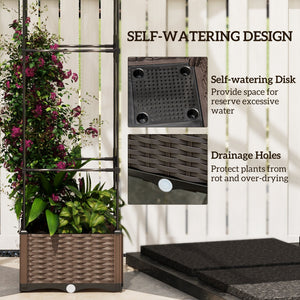 Raised planter with trellis, automatic watering disc and drainage holes