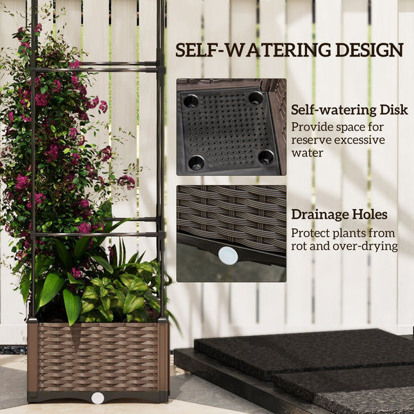 Raised planter with trellis, automatic watering disc and drainage holes