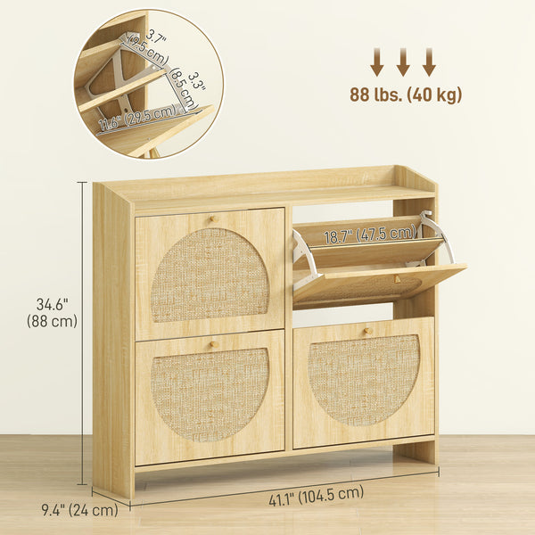 Shoe cabinet with 4 folding drawers with rattan doors and adjustable shelves, capacity of 16 pairs, natural color