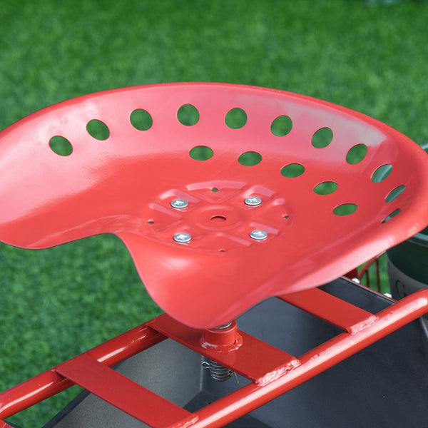 Red and black rolling trolley with swivel and adjustable seat