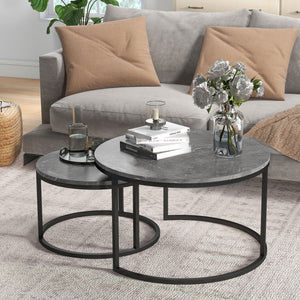 Set of 2 modern coffee tables with metal base, gray marble effect
