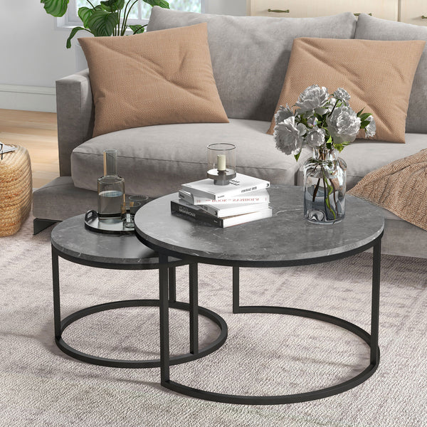 Set of 2 modern coffee tables with metal base, gray marble effect