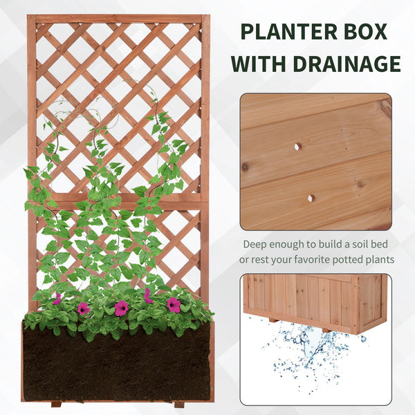 Raised pine planter with trellis for climbing plants and flowers