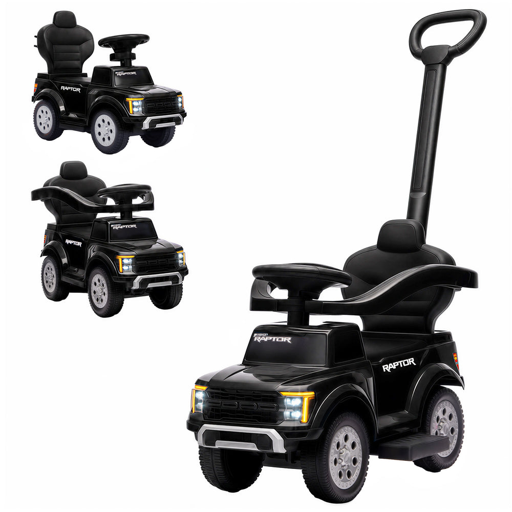 3-in-1 ride-on car with handle and lights, black