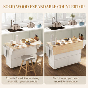 Kitchen island with drop-leaf storage, rubberwood top and adjustable shelves, cream white