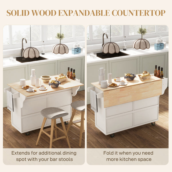 Cream-white mobile kitchen island with fold-down solid wood countertop and storage