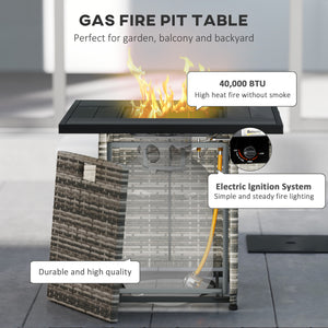 28" Propane Gas Fire Pit Table with 40,000 BTU Rattan Rain Cover, Mesh Lid, Lava Rock, Grey Blend
