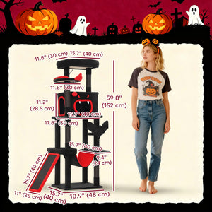 60" Tall Gothic Cat Tree with Coffin Bed, Scratching Posts &amp; Sisal Ramp, Black