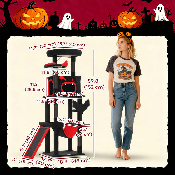 60" Tall Gothic Cat Tree with Coffin Bed, Scratching Posts &amp; Sisal Ramp, Black