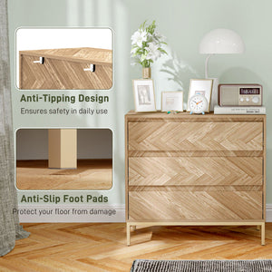 Bedroom chest of drawers with anti-tip system with 3 drawers for living room, hallway, natural wood