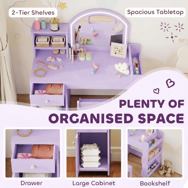 Children's vanity with dual-tone LED mirror, storage, and chair, mauve