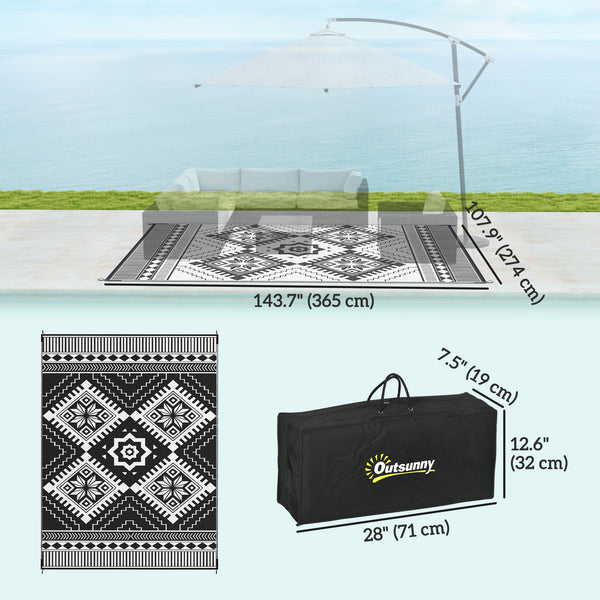 9' x 12' Outdoor RV Mat, Reversible Floor Mat with Carry Bag, Diamond Pattern, White and Black