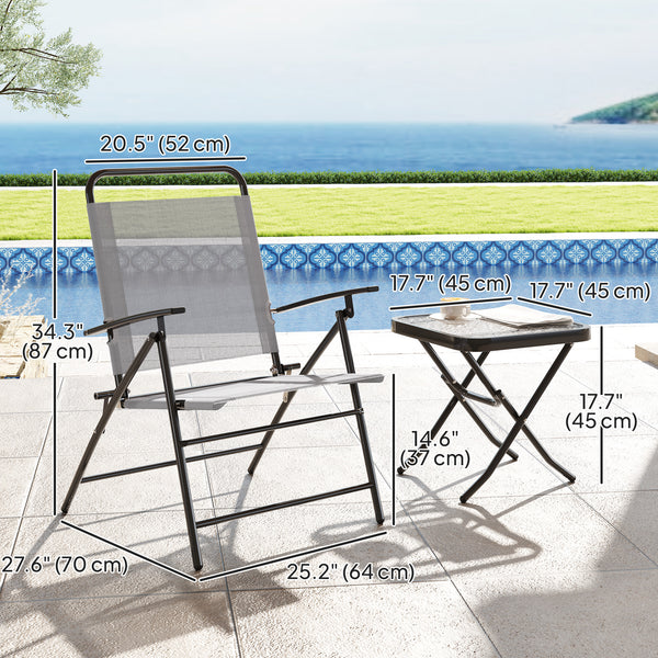 Folding bistro set with adjustable back chairs and glass-topped table, grey