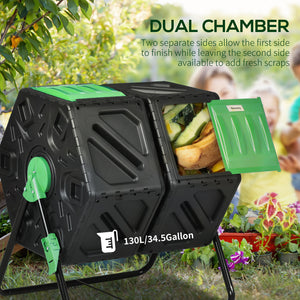 Rotating double-chamber composter with 24 vents and steel legs, green