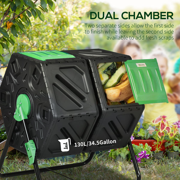 Rotating double-chamber composter with 24 vents and steel legs, green