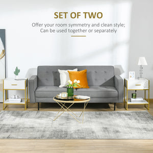 Set of 2 modern bedside tables with drawer and shelf, white and gold