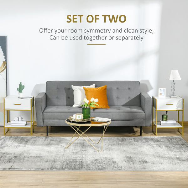 Set of 2 modern bedside tables with drawer and shelf, white and gold