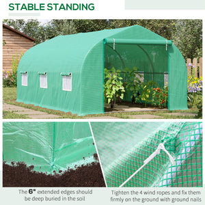 Garden tunnel greenhouse with roll-up door and 6 screened windows, steel frame, green