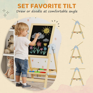 Double-sided wooden art easel with height-adjustable chalkboard and magnetic whiteboard, natural