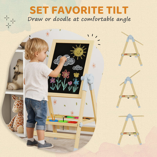 Double-sided wooden art easel with height-adjustable chalkboard and magnetic whiteboard, natural