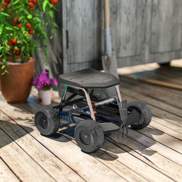 Rolling garden stool with integrated tool tray